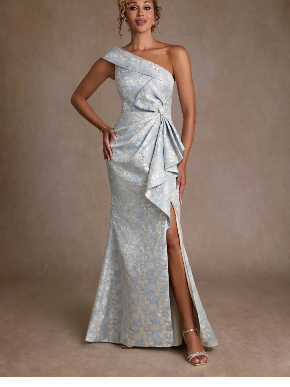 Azazie One-Shoulder Floral Jacquard Gown in Light Blue and Silver - Picture 6 of 6